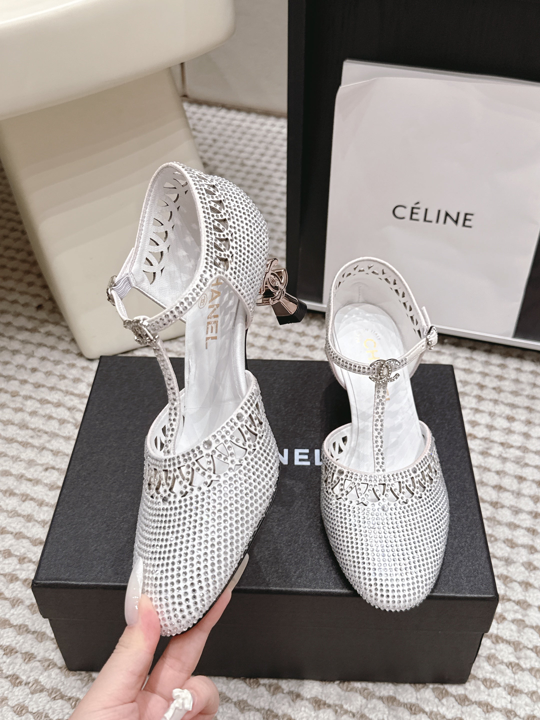 CHANEL 26S HIGH HEELS 50 MM IN WHITE RHINESTONE EMBELLISHED