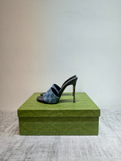 GUCCI 26S MULE SANDALS 110MM IN BLUE GG DENIM