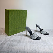 GUCCI 26S MULE SANDALS 110MM IN SILVER SATIN CRYSTAL GG