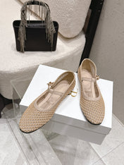 THE ROW 26S MARY JANE FLATS IN BEIGE CALFSKIN AND MESH