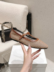 THE ROW 26S MARY JANE FLATS IN LIGHT BROWN CALFSKIN AND MESH