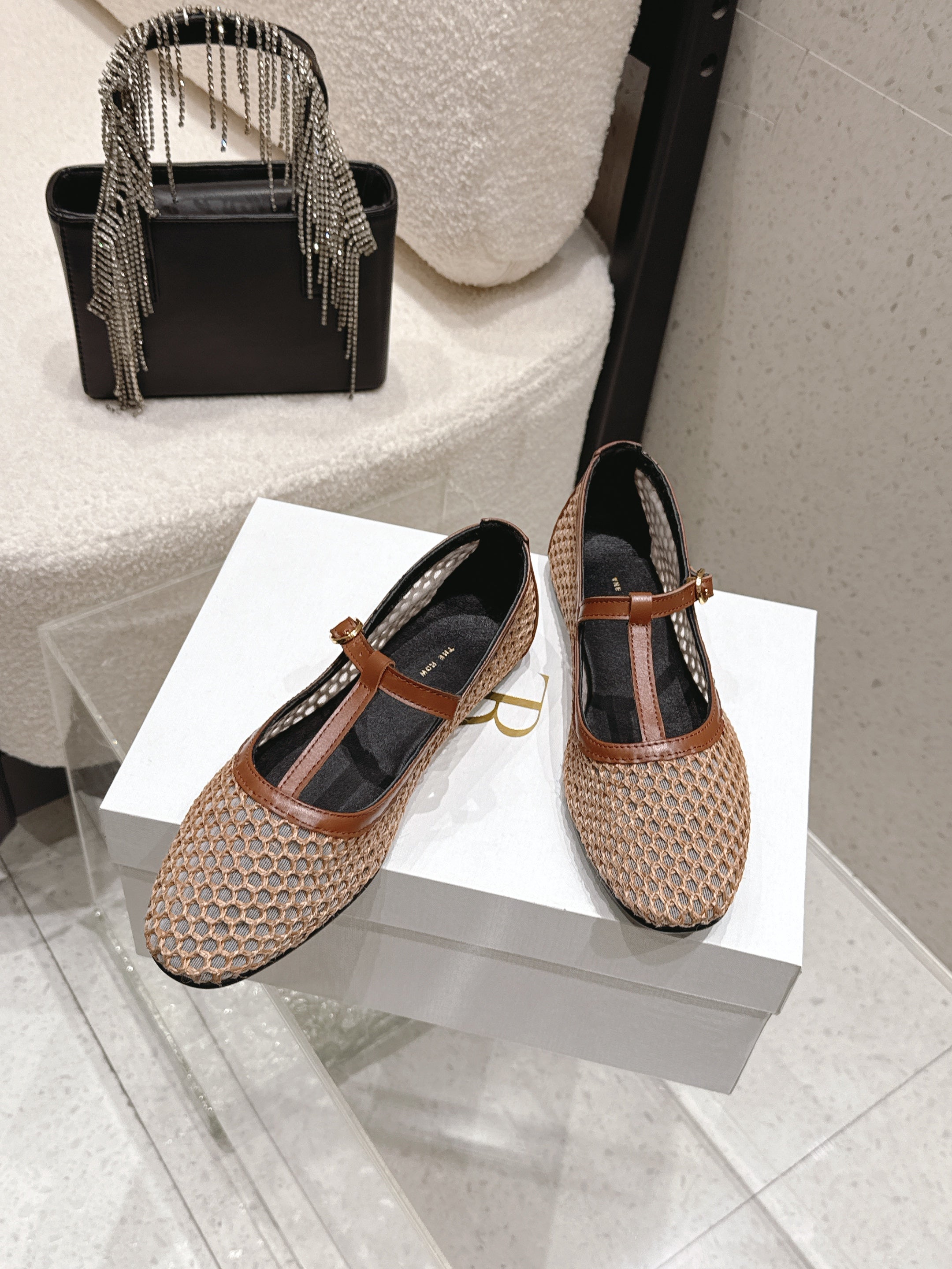 THE ROW 26S MARY JANE FLATS IN LIGHT BROWN CALFSKIN AND MESH