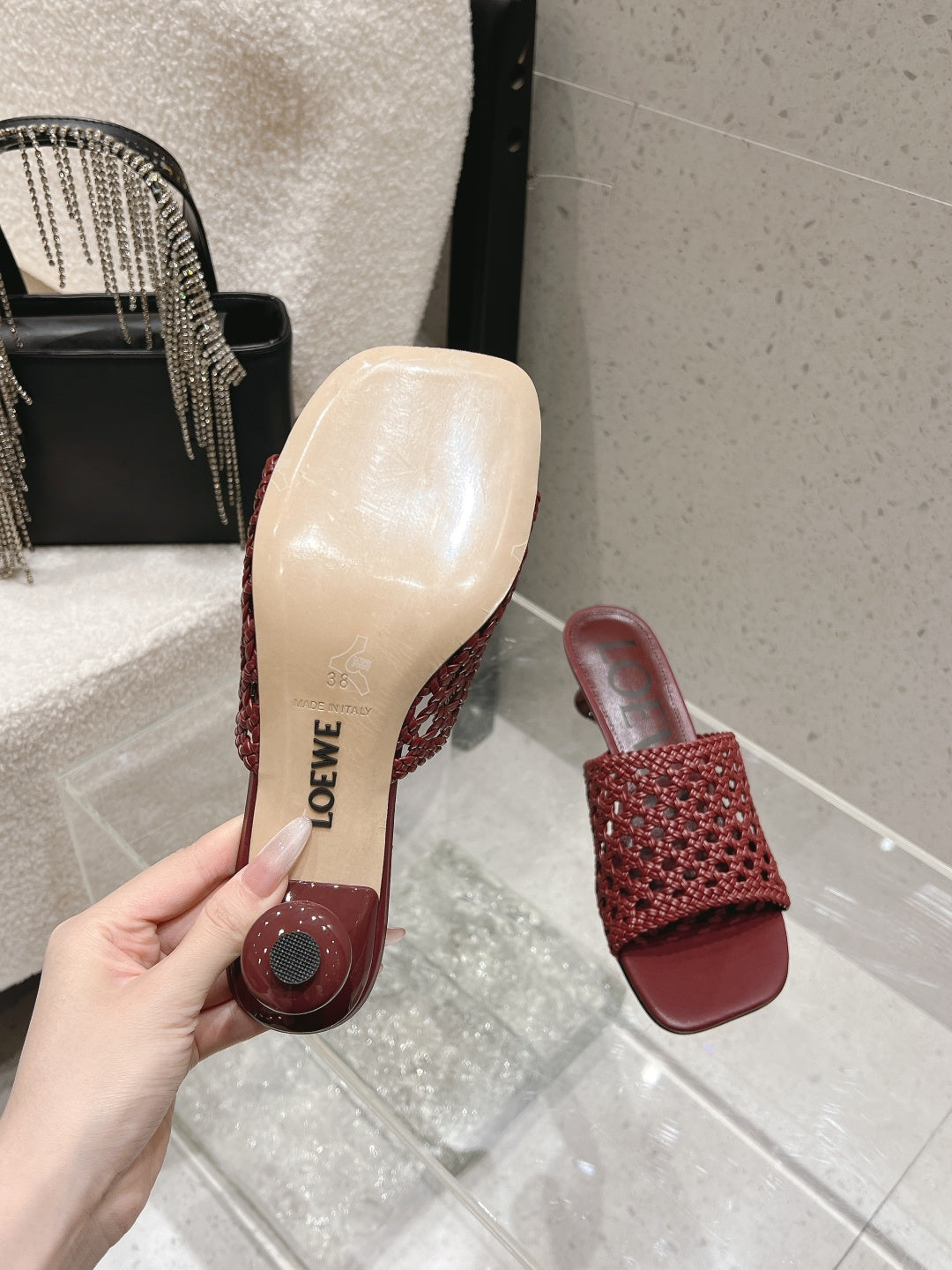 LOEWE 26S WOVEN HEEL SANDALS 50 MM IN DARK RED LAMBSKIN