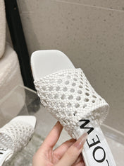 LOEWE 26S WOVEN HEEL SANDALS 50 MM IN WHITE LAMBSKIN