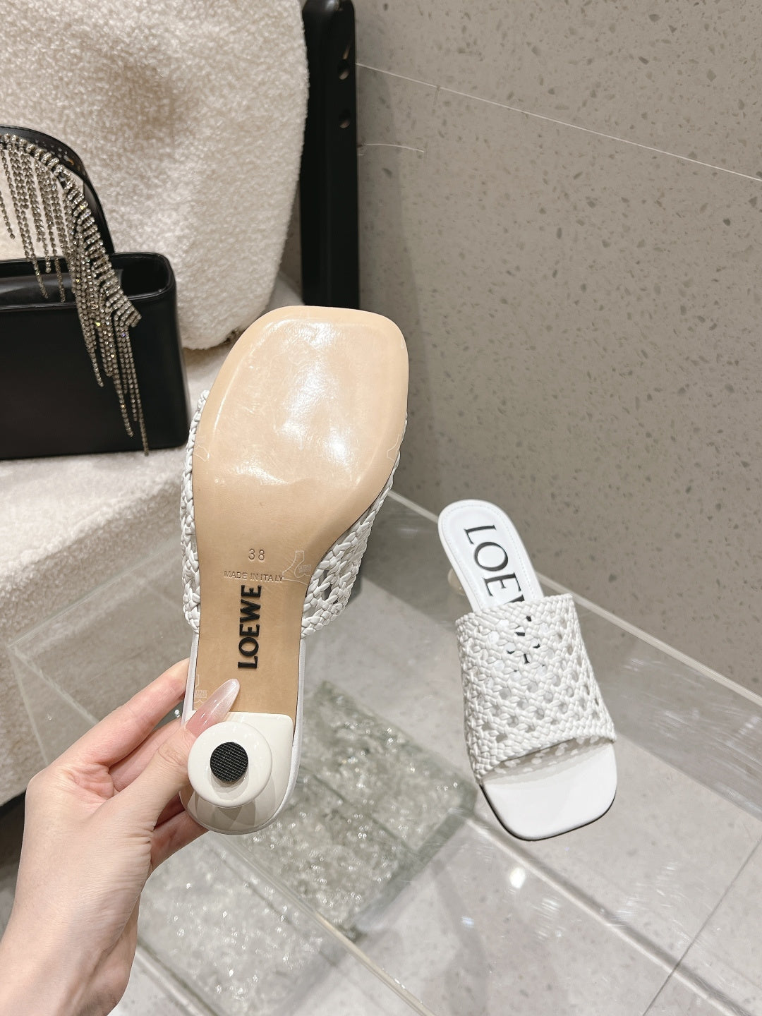 LOEWE 26S WOVEN HEEL SANDALS 50 MM IN WHITE LAMBSKIN