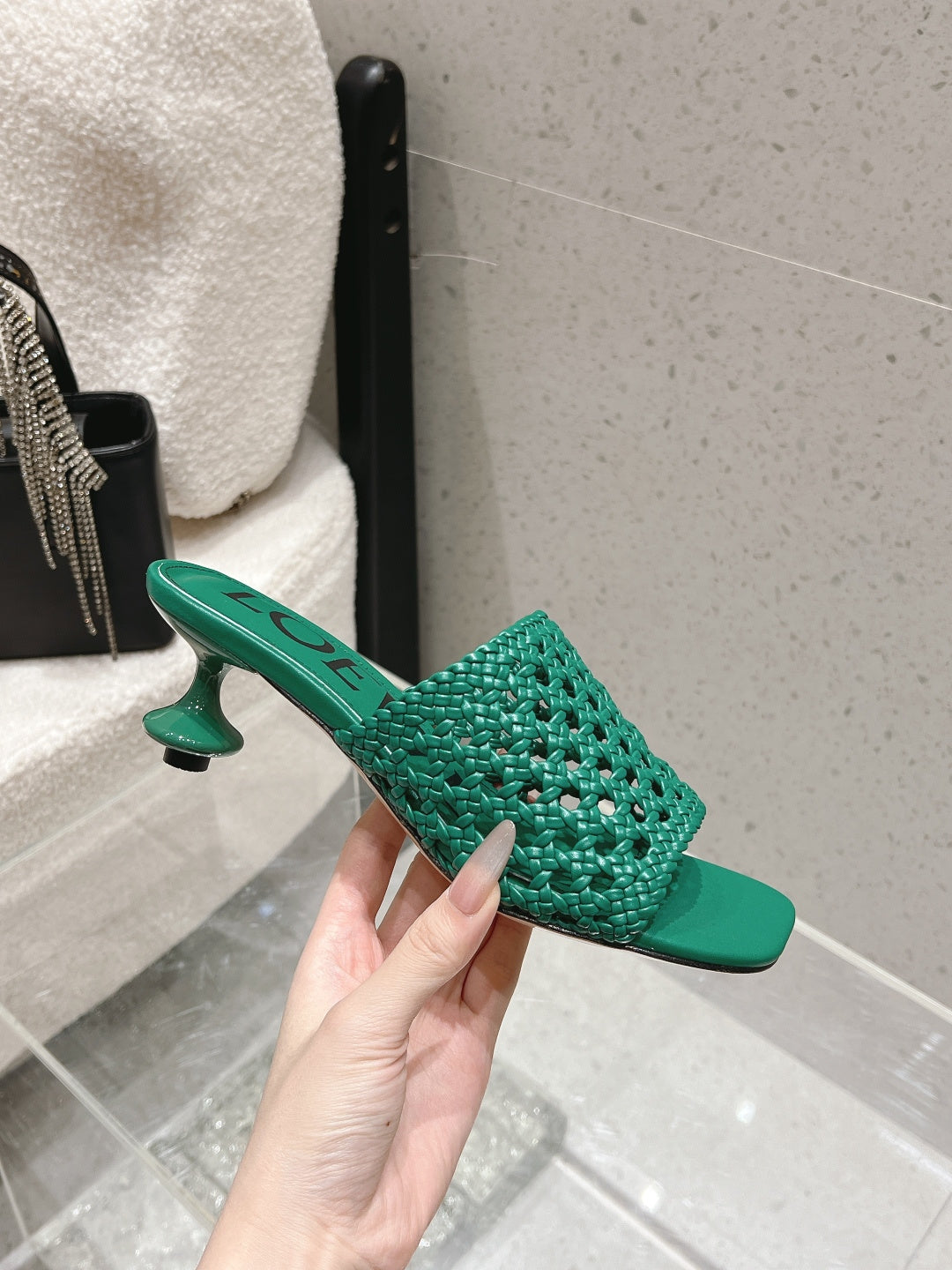 LOEWE 26S WOVEN HEEL SANDALS 50 MM IN GREEN LAMBSKIN
