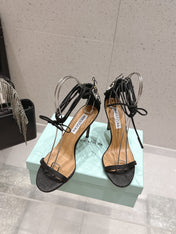 AQUAZZURA 26S BUTTERFLY LACE-UP HEELS 100 MM IN BLACK WOVEN TEXTURE