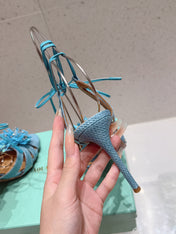 AQUAZZURA 26S HIGH-HEEL SANDALS 100 MM IN LIGHT BLUE WOVEN RAFFIA