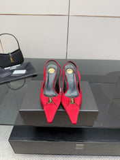 YSL 25S SLINGBACK HIGH HEELS 90 MM IN RED SATIN WITH GOLD HARDWARE STYLE 14