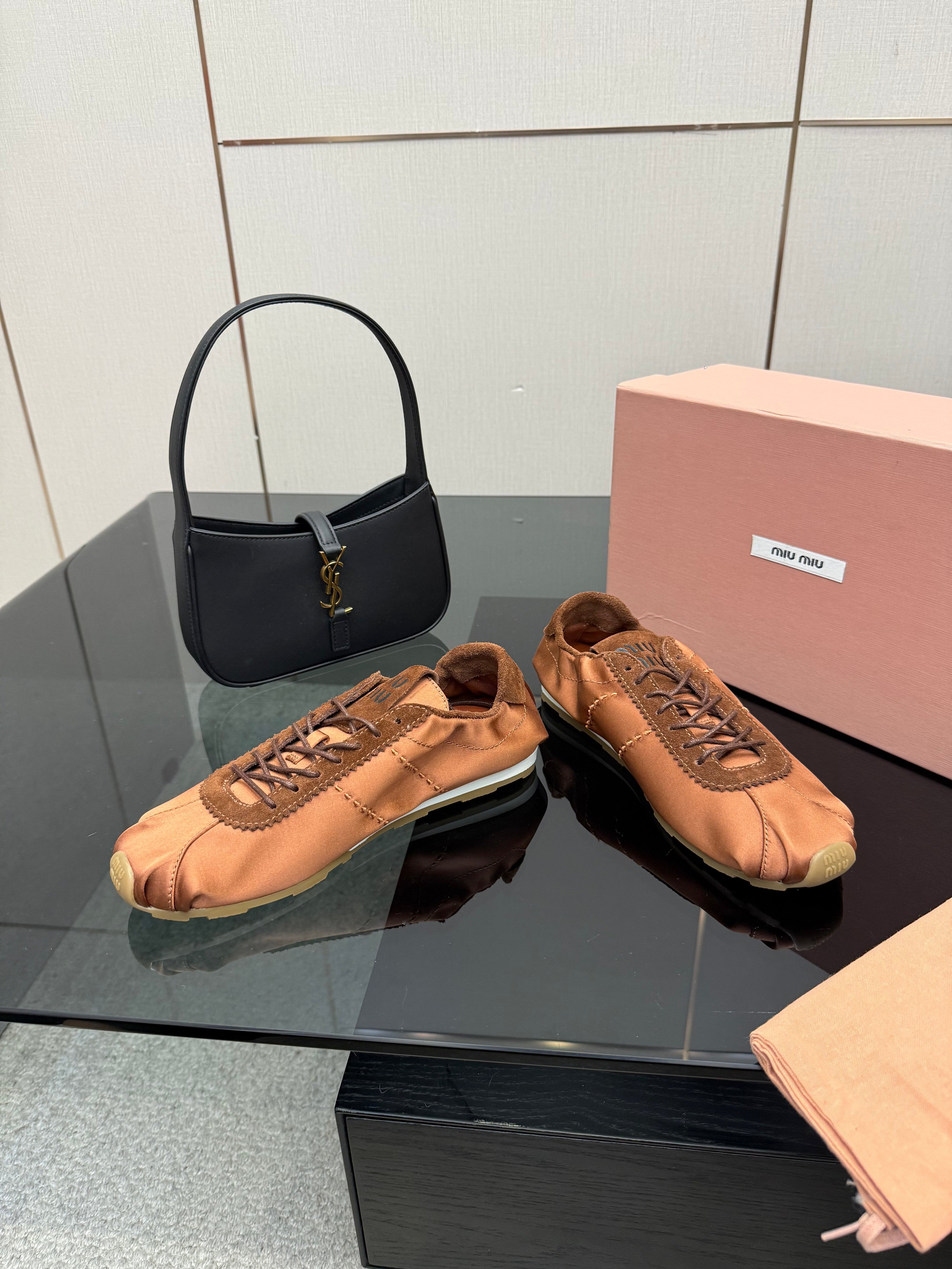 MIUMIU 25S SNEAKERS IN COCOA BROWN PLUME SATIN