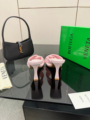 BOTTEGA VENETA 26S HEELED SANDALS 95 MM IN LIGHT PINK CALFSKIN AND RAFFIA