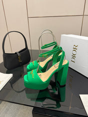 DIOR 26S HIGH HEEL SANDALS 120 MM IN GREEN SATIN