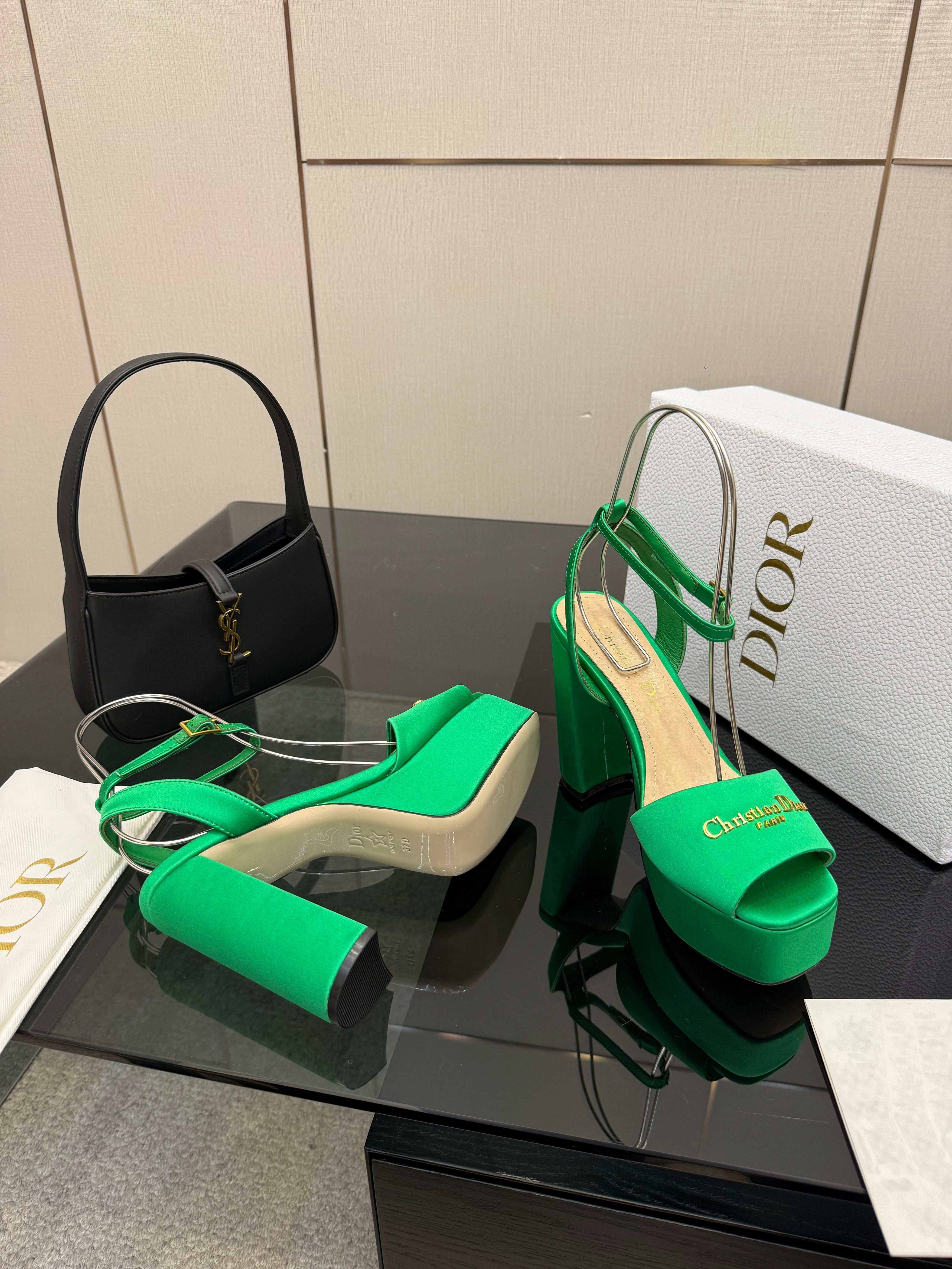 DIOR 26S HIGH HEEL SANDALS 120 MM IN GREEN SATIN