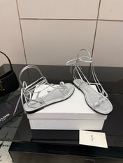 CELINE 26S TRIOMPHE LACE UP FLAT SANDALS IN SILVER CALFSKIN