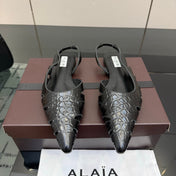 ALAIA 26S CUT-OUT SLINGBACK FLATS IN BLACK CROC-EMBOSSED LEATHER