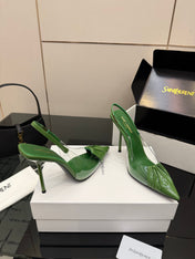 YSL 26S PLEATED SLINGBACK HEELS 105 MM IN GREEN GLOSSY CALFSKIN AND PVC