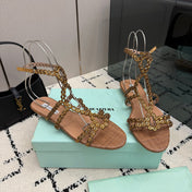 AQUAZZURA 26S ANKLE-STRAP SANDALS IN BROWN WOVEN FABRIC