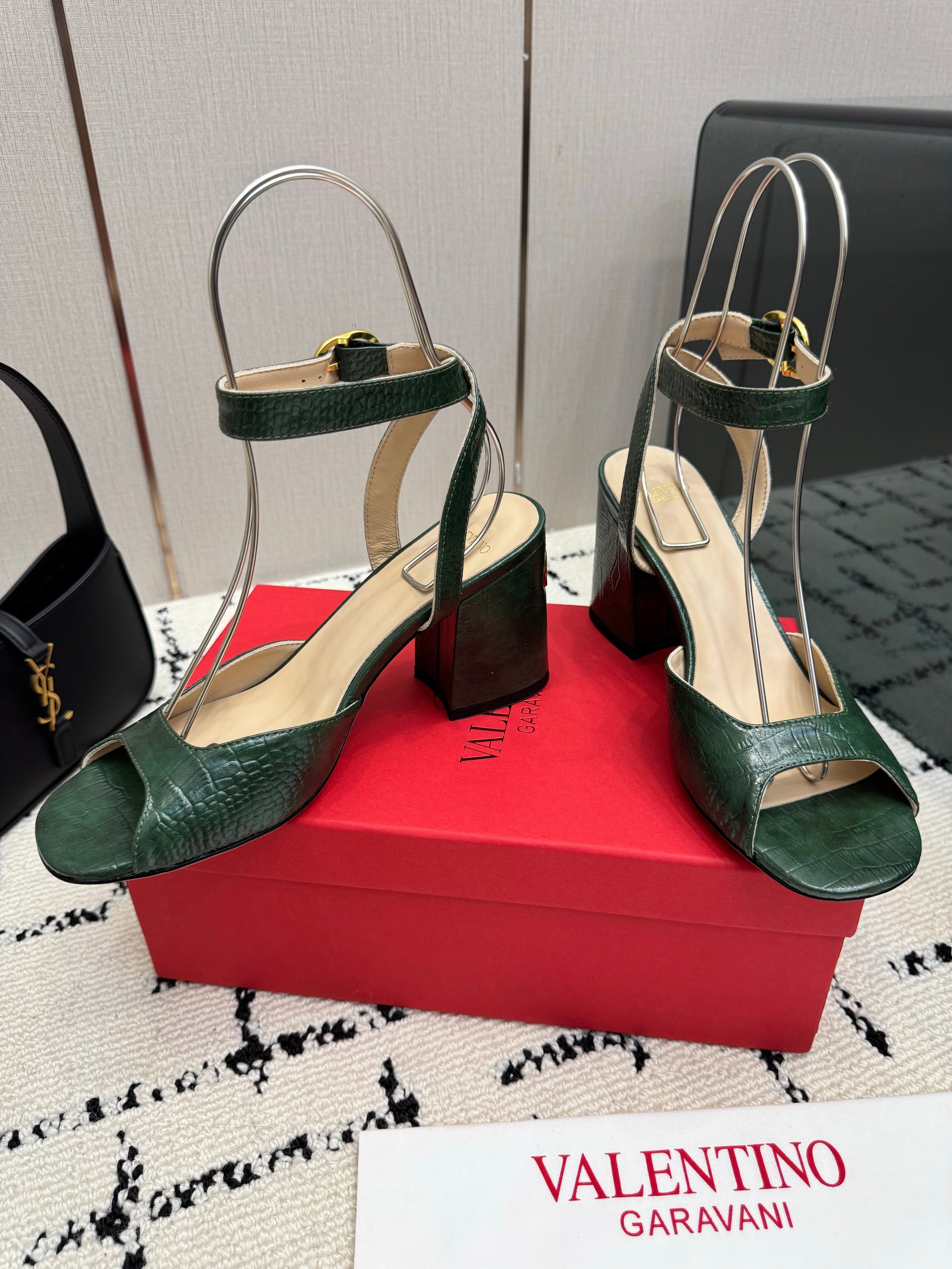 VALENTINO 26S SQUARE TOE ANKLE STRAP SANDALS IN DARK GREEN CROC-EMBOSSED LEATHER