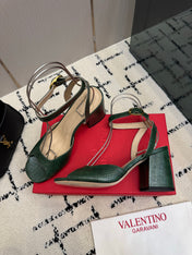 VALENTINO 26S SQUARE TOE ANKLE STRAP SANDALS IN DARK GREEN CROC-EMBOSSED LEATHER