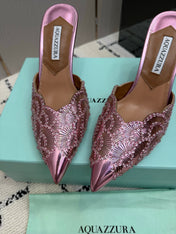 AQUAZZURA 26S HEEL MULES 85 MM IN METALLIC PINK SEQUIN AND CALFSKIN