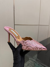 AQUAZZURA 26S HEEL MULES 85 MM IN METALLIC PINK SEQUIN AND CALFSKIN