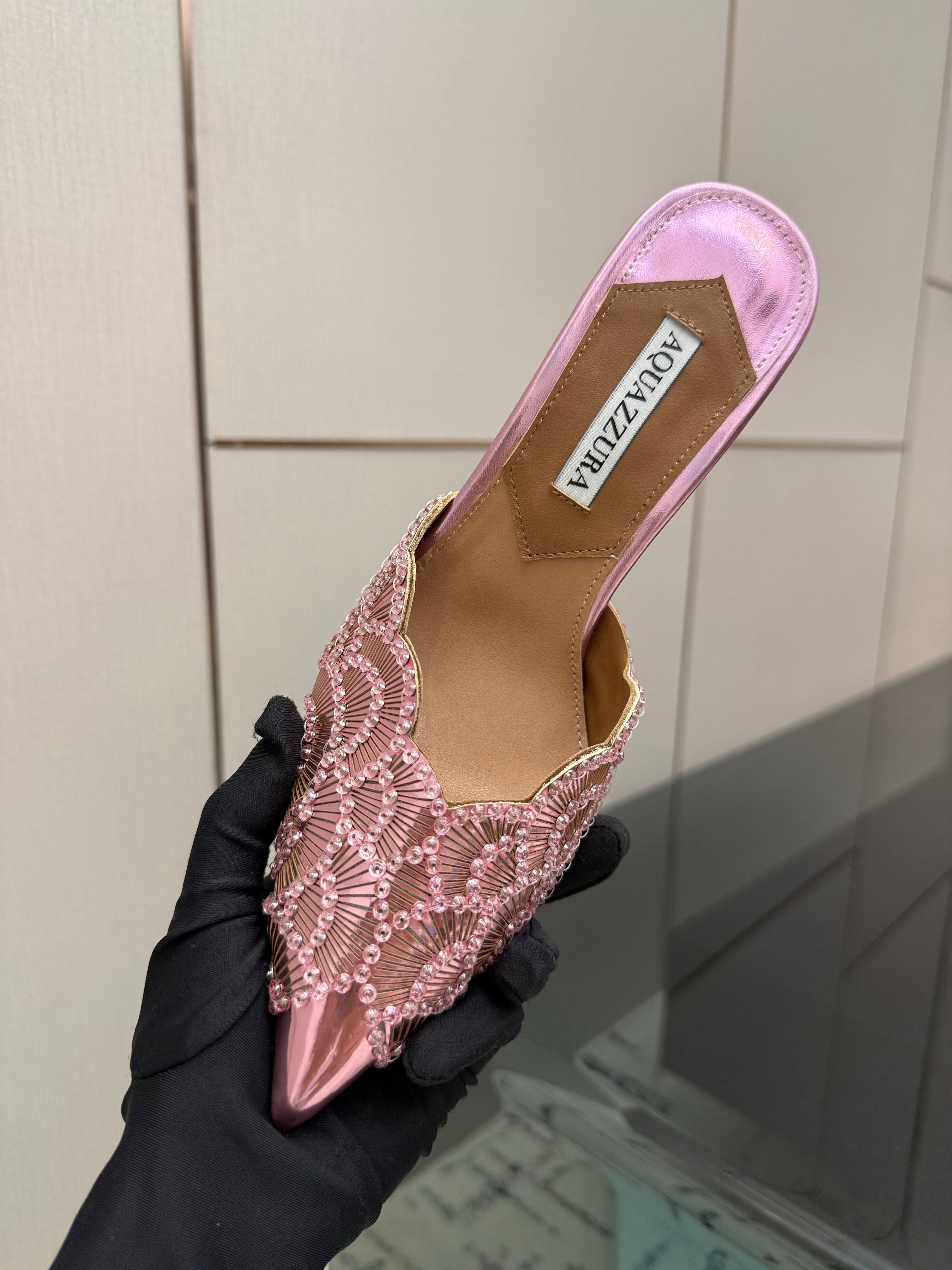 AQUAZZURA 26S HEEL MULES 85 MM IN METALLIC PINK SEQUIN AND CALFSKIN