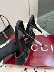 GUCCI 26S CRYSTAL-HEEL SANDALS 100 MM IN BLACK SATIN