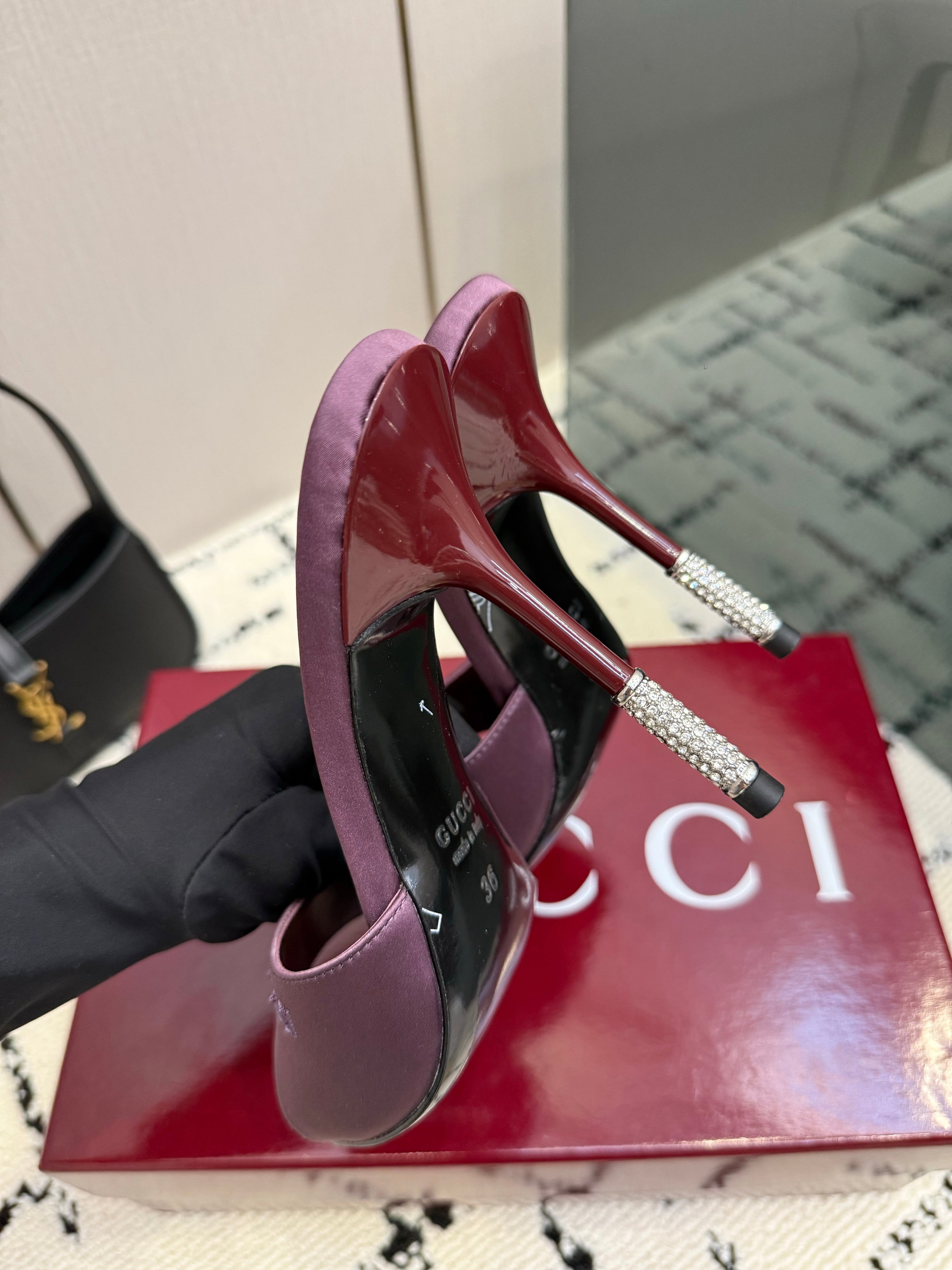 GUCCI 26S CRYSTAL-HEEL SANDALS 100 MM IN DARK PURPLE SATIN