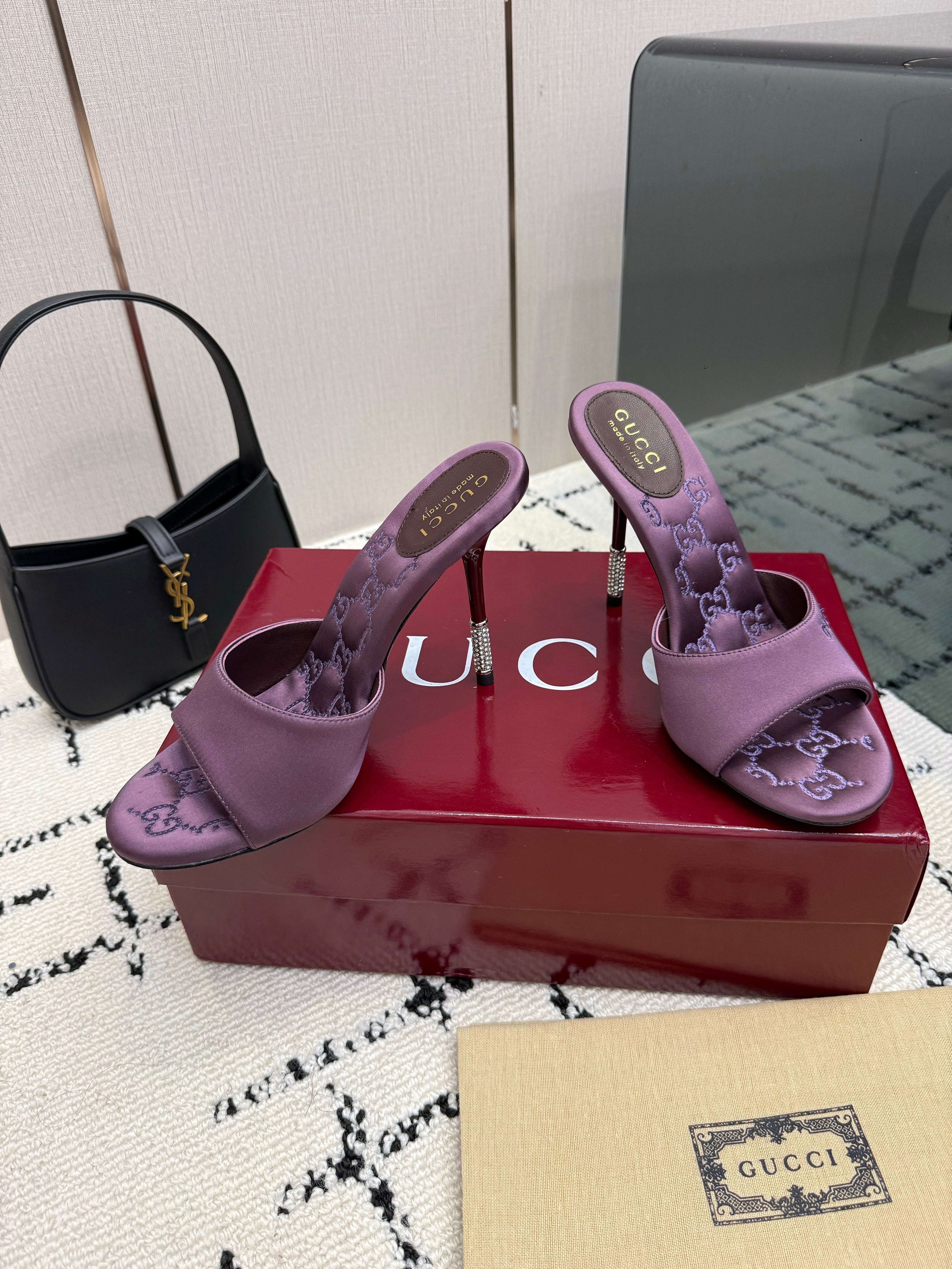 GUCCI 26S CRYSTAL-HEEL SANDALS 100 MM IN DARK PURPLE SATIN