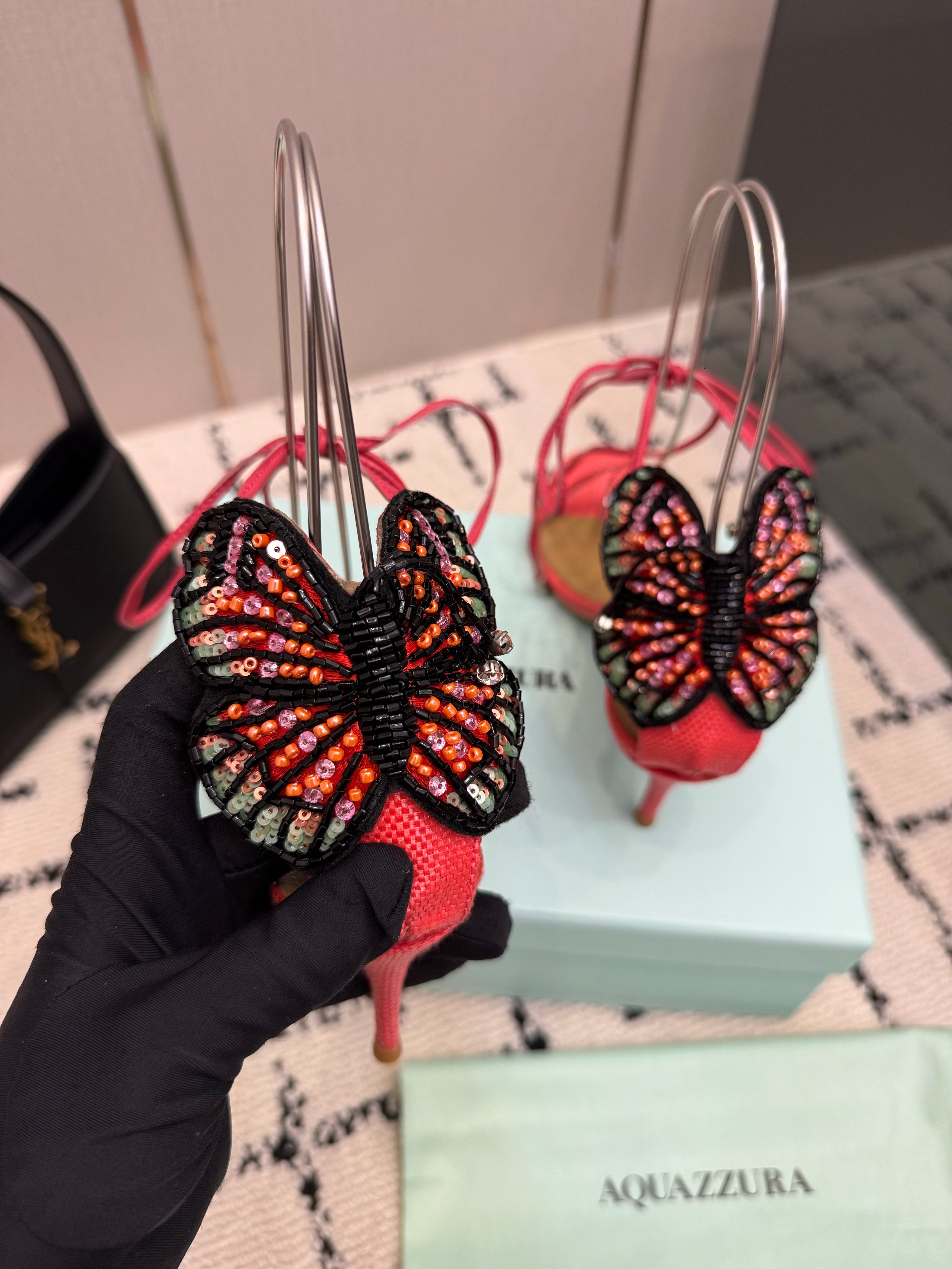 AQUAZZURA 26S HEEL SANDALS 80 MM IN PINKISH RED WOVEN FABRIC