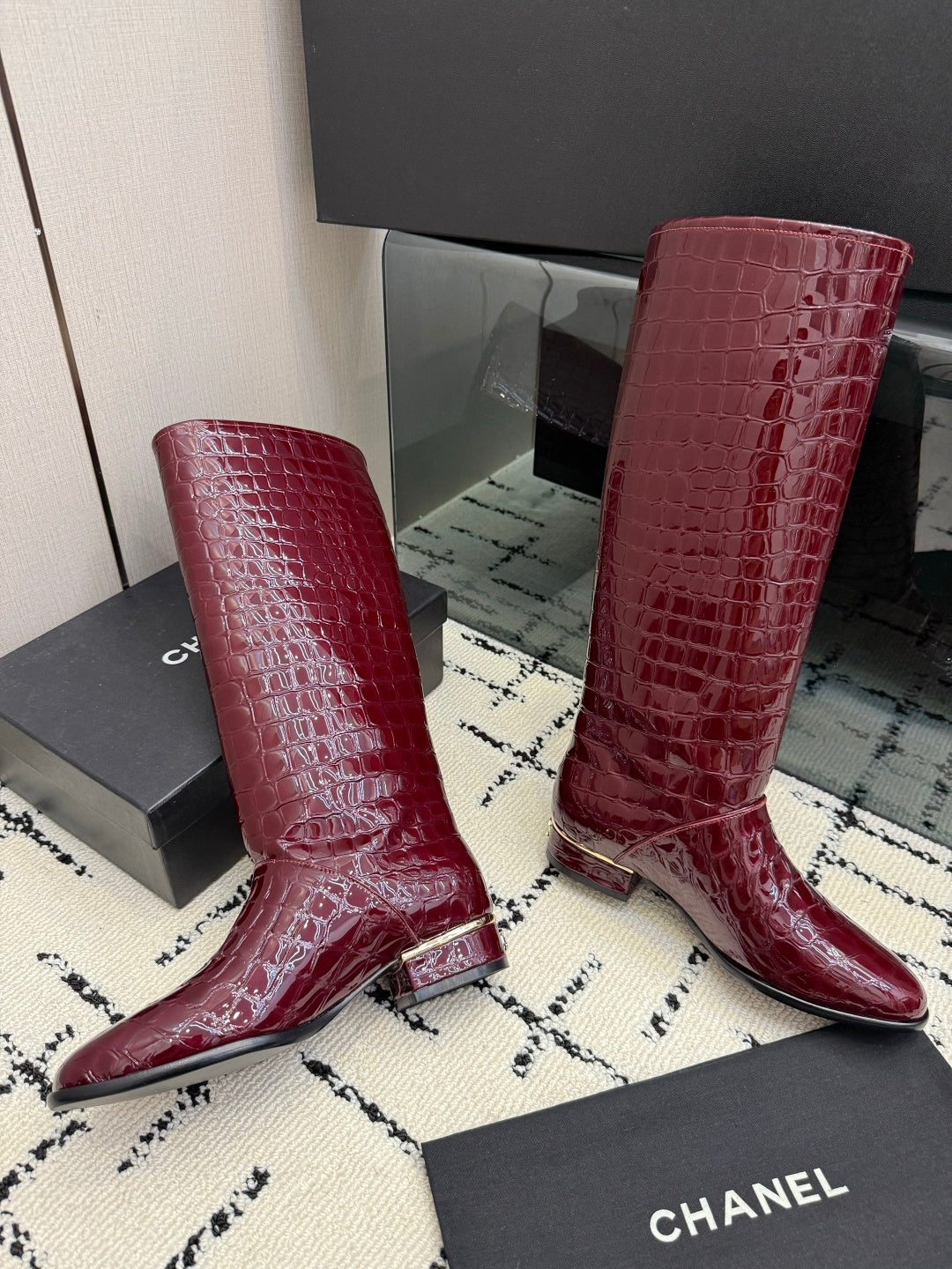CHANEL 26S TALL BOOTS IN BURGUNDY CALFSKIN CROCODILE EMBOSSED