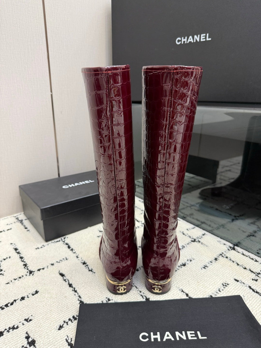 CHANEL 26S TALL BOOTS IN BURGUNDY CALFSKIN CROCODILE EMBOSSED