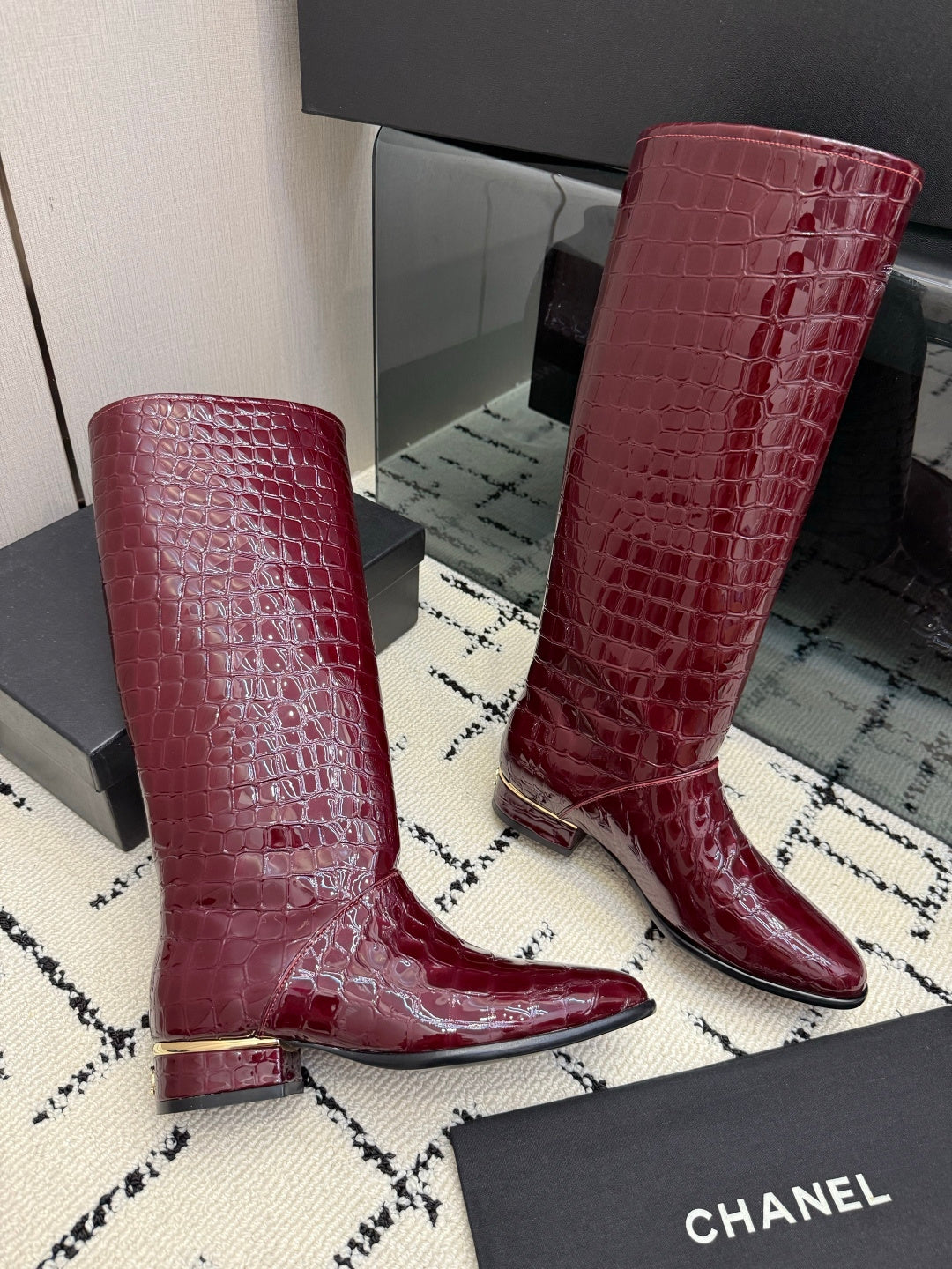 CHANEL 26S TALL BOOTS IN BURGUNDY CALFSKIN CROCODILE EMBOSSED