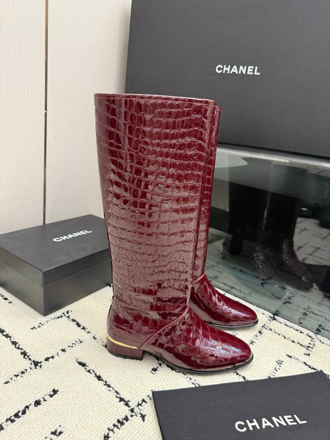 CHANEL 26S TALL BOOTS IN BURGUNDY CALFSKIN CROCODILE EMBOSSED