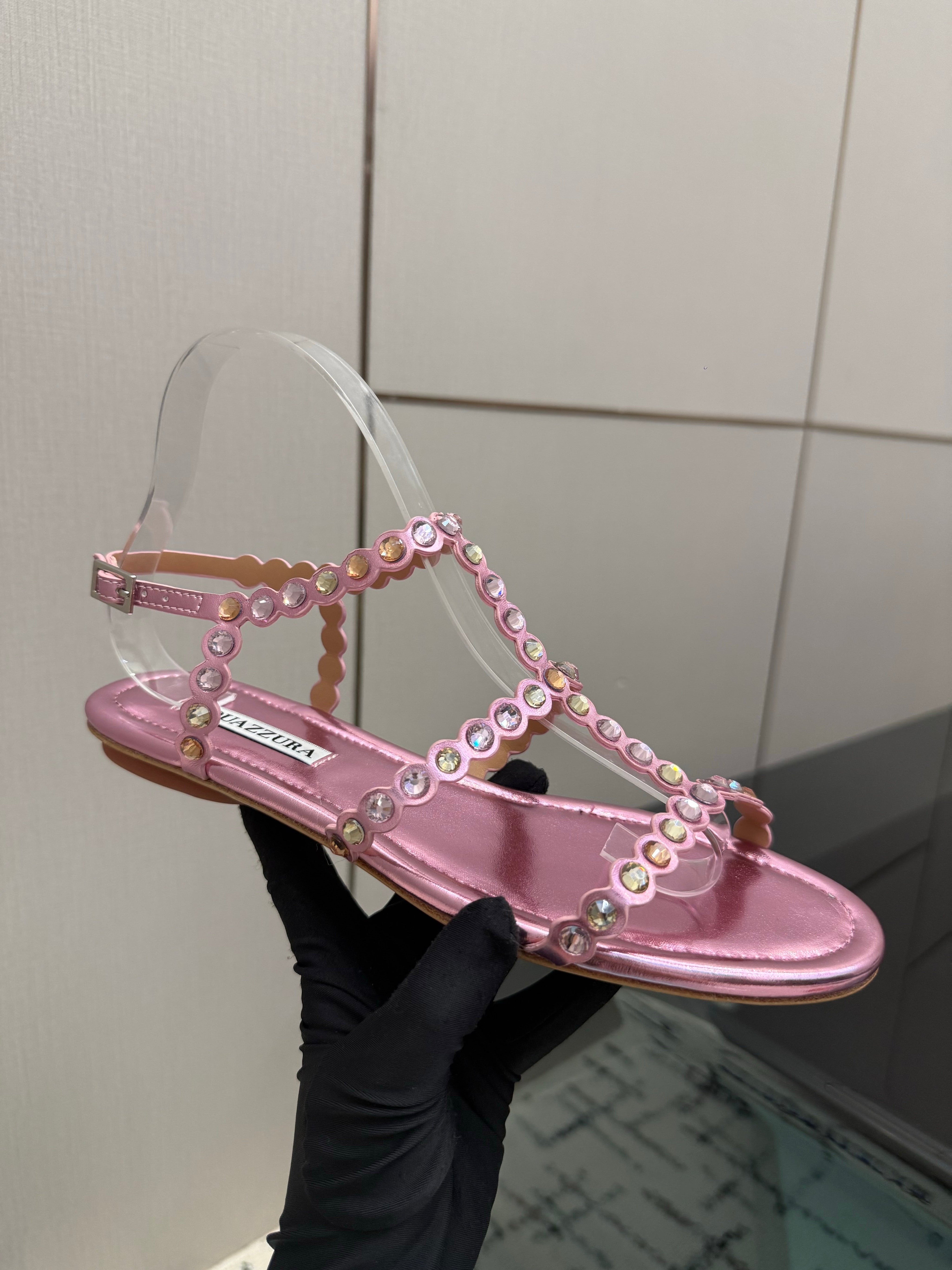 AQUAZZURA 26S FLAT SANDALS IN METALLIC PINK LAMBSKIN CRYSTAL-EMBELLISHED