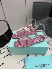 AQUAZZURA 26S FLAT SANDALS IN METALLIC PINK LAMBSKIN CRYSTAL-EMBELLISHED
