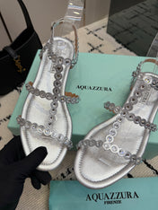 AQUAZZURA 26S FLAT SANDALS IN SILVER LAMBSKIN CRYSTAL-EMBELLISHED