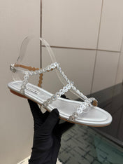 AQUAZZURA 26S FLAT SANDALS IN SILVER LAMBSKIN CRYSTAL-EMBELLISHED