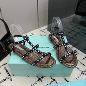 AQUAZZURA 26S FLAT SANDALS IN METALLIC BLACK SNAKESKIN CRYSTAL-EMBELLISHED