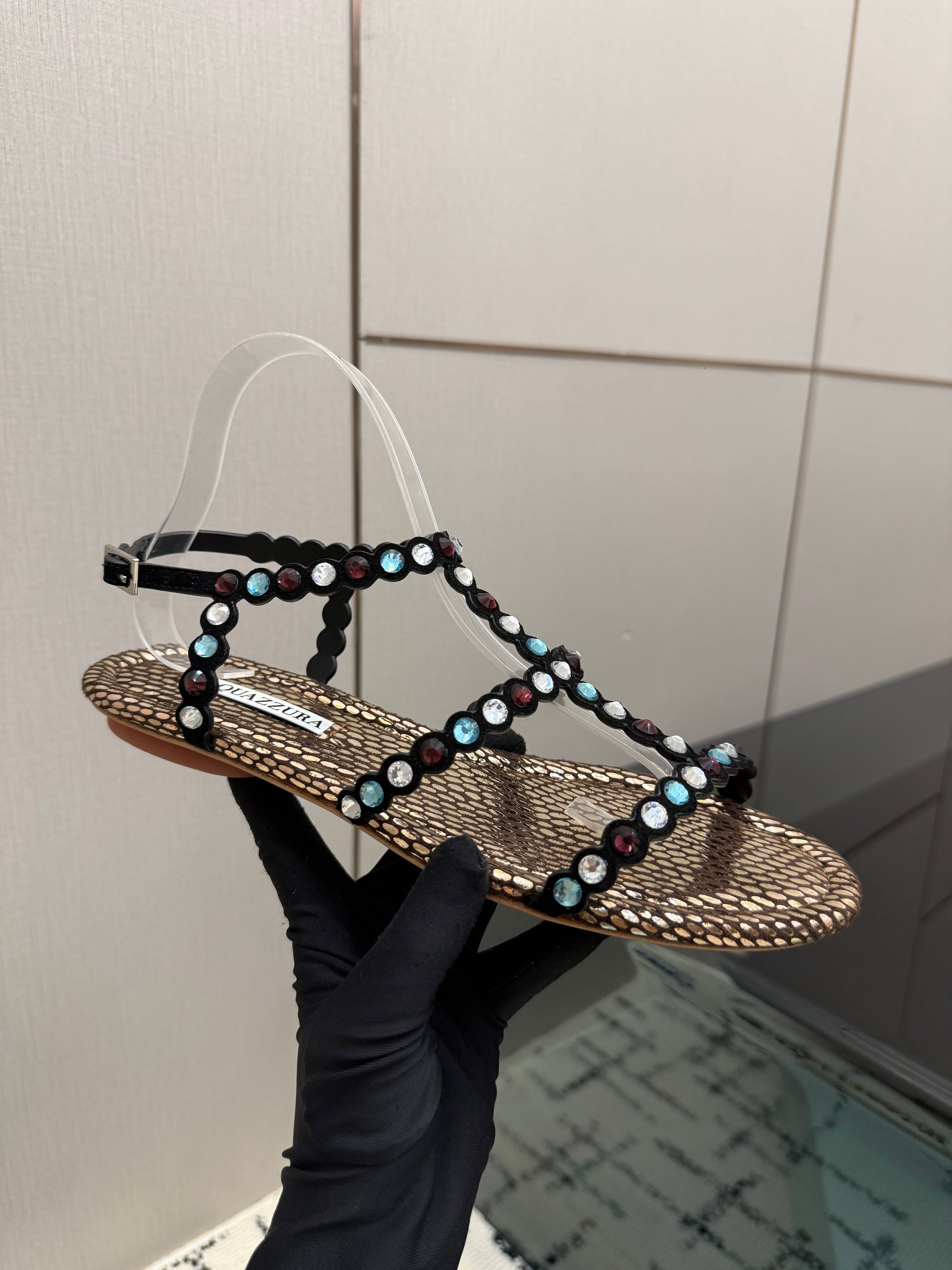 AQUAZZURA 26S FLAT SANDALS IN METALLIC BLACK SNAKESKIN CRYSTAL-EMBELLISHED