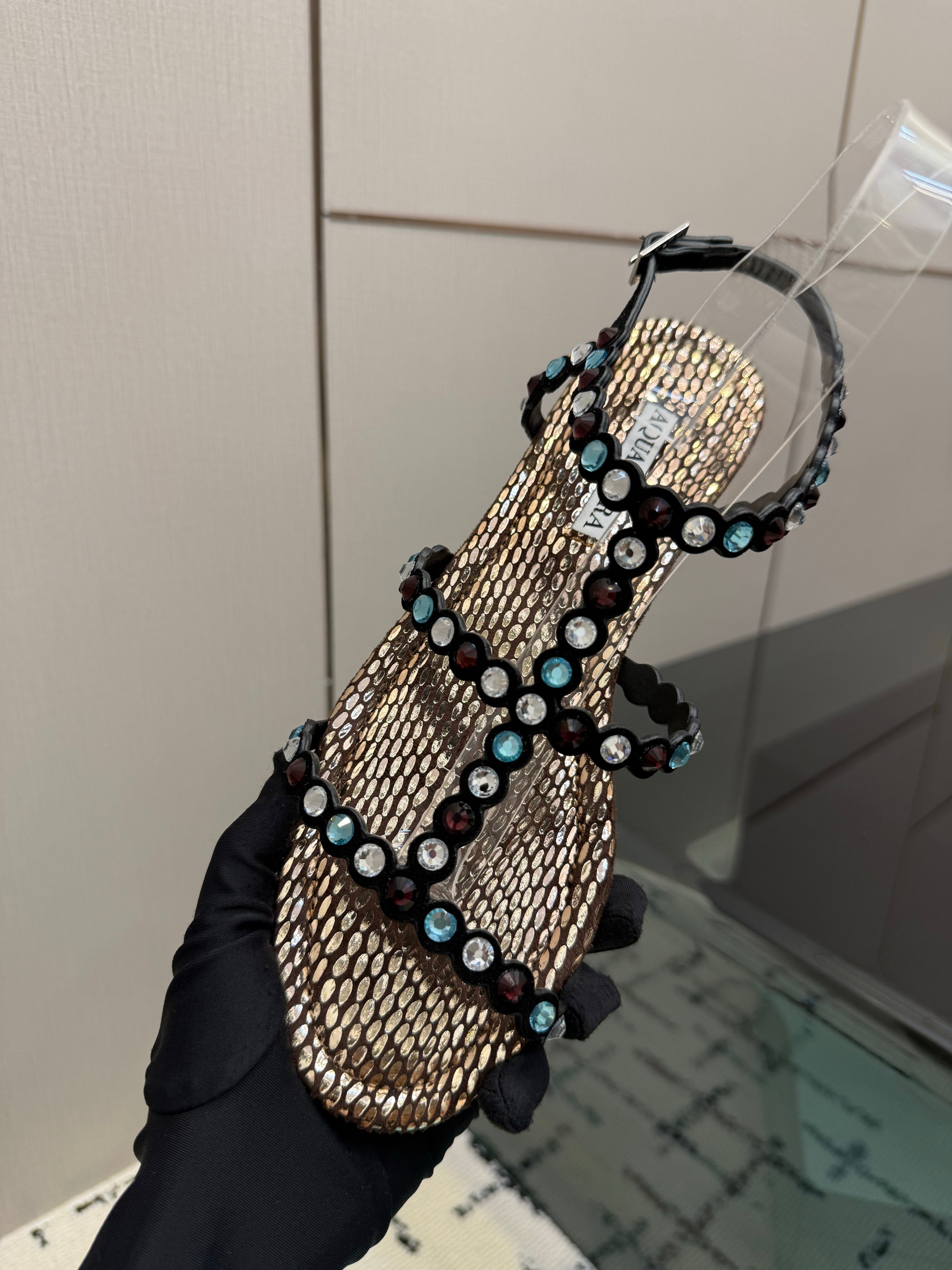 AQUAZZURA 26S FLAT SANDALS IN METALLIC BLACK SNAKESKIN CRYSTAL-EMBELLISHED
