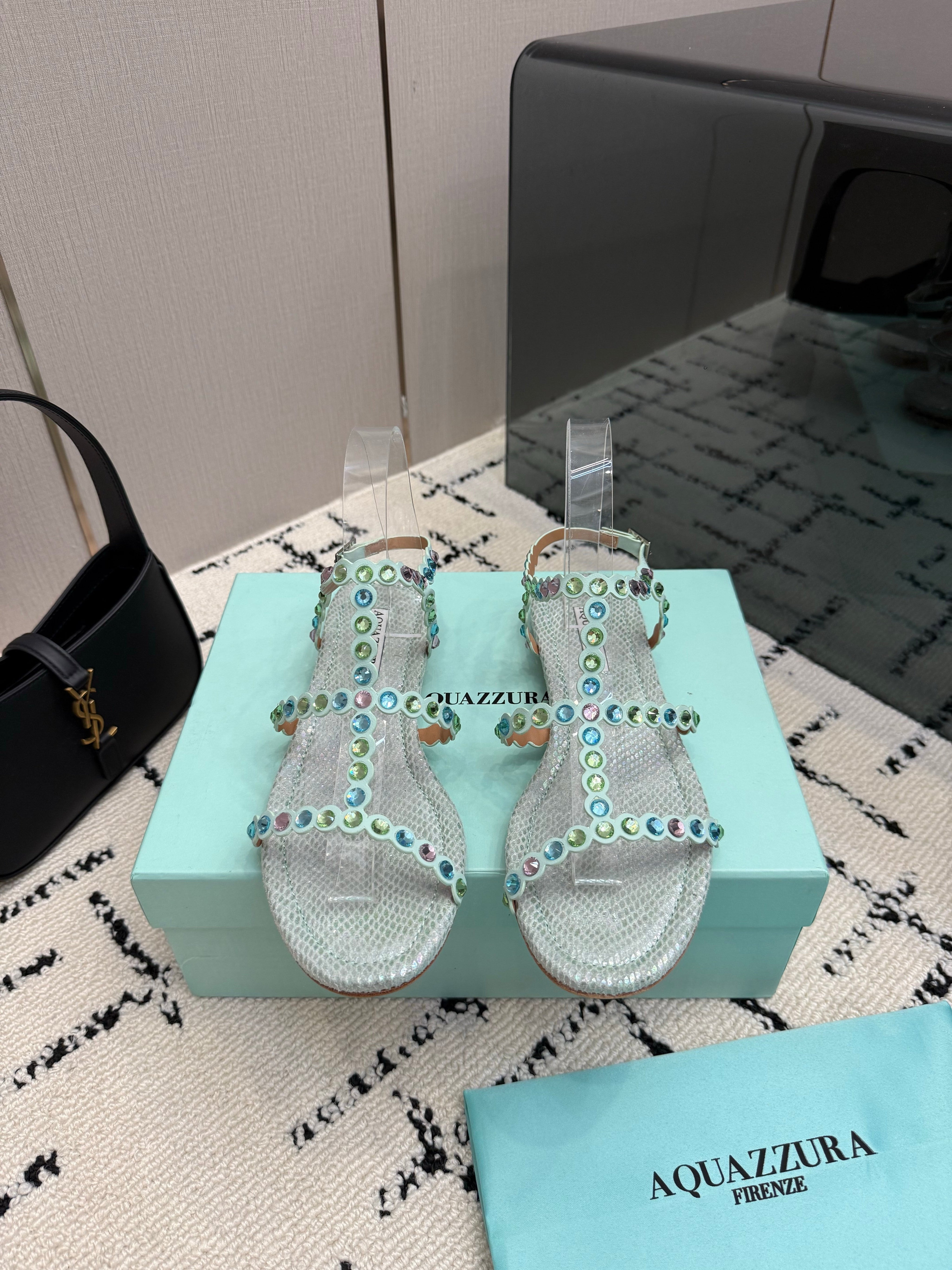 AQUAZZURA 26S FLAT SANDALS IN METALLIC MINT SNAKESKIN CRYSTAL-EMBELLISHED