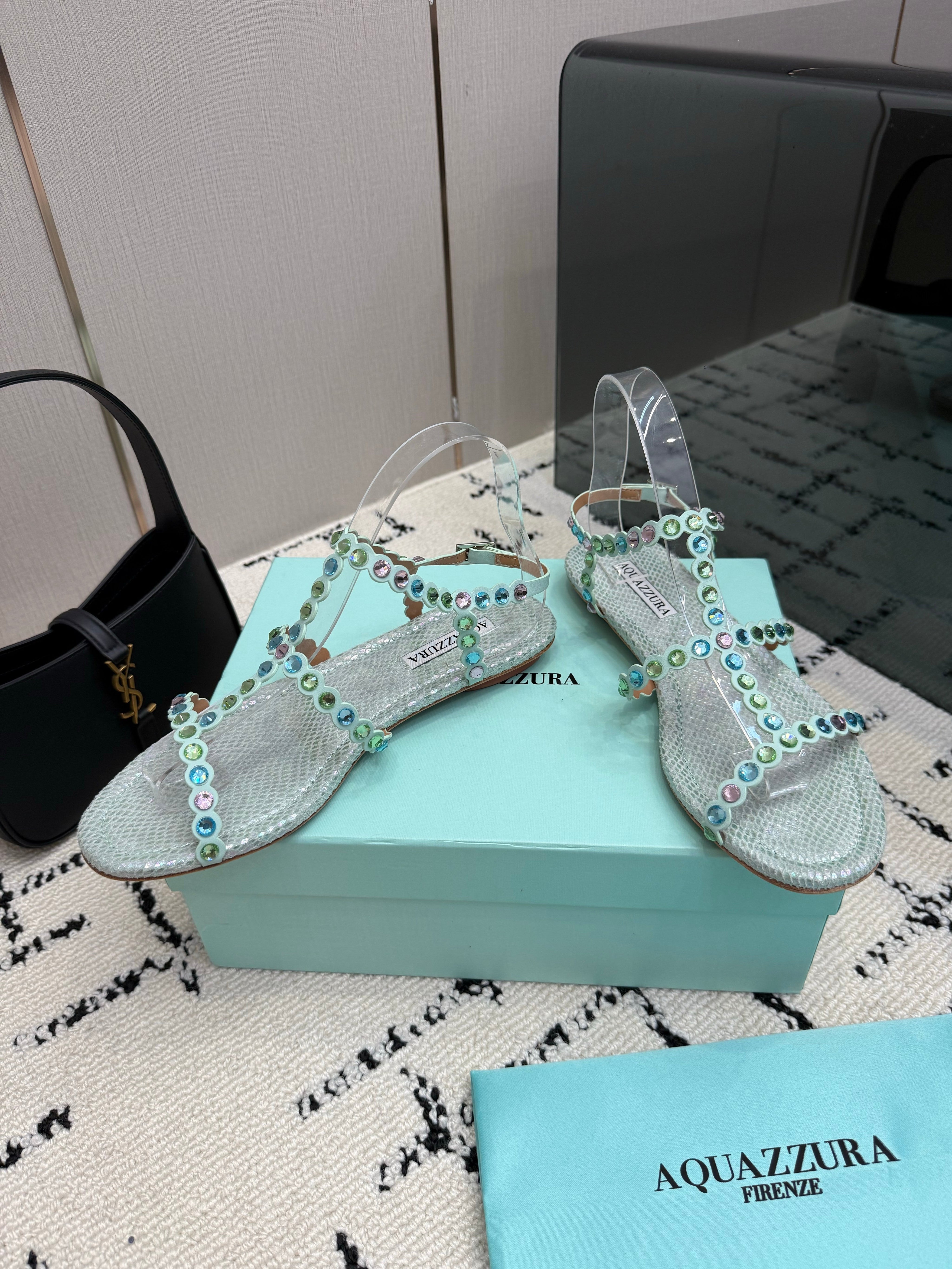 AQUAZZURA 26S FLAT SANDALS IN METALLIC MINT SNAKESKIN CRYSTAL-EMBELLISHED
