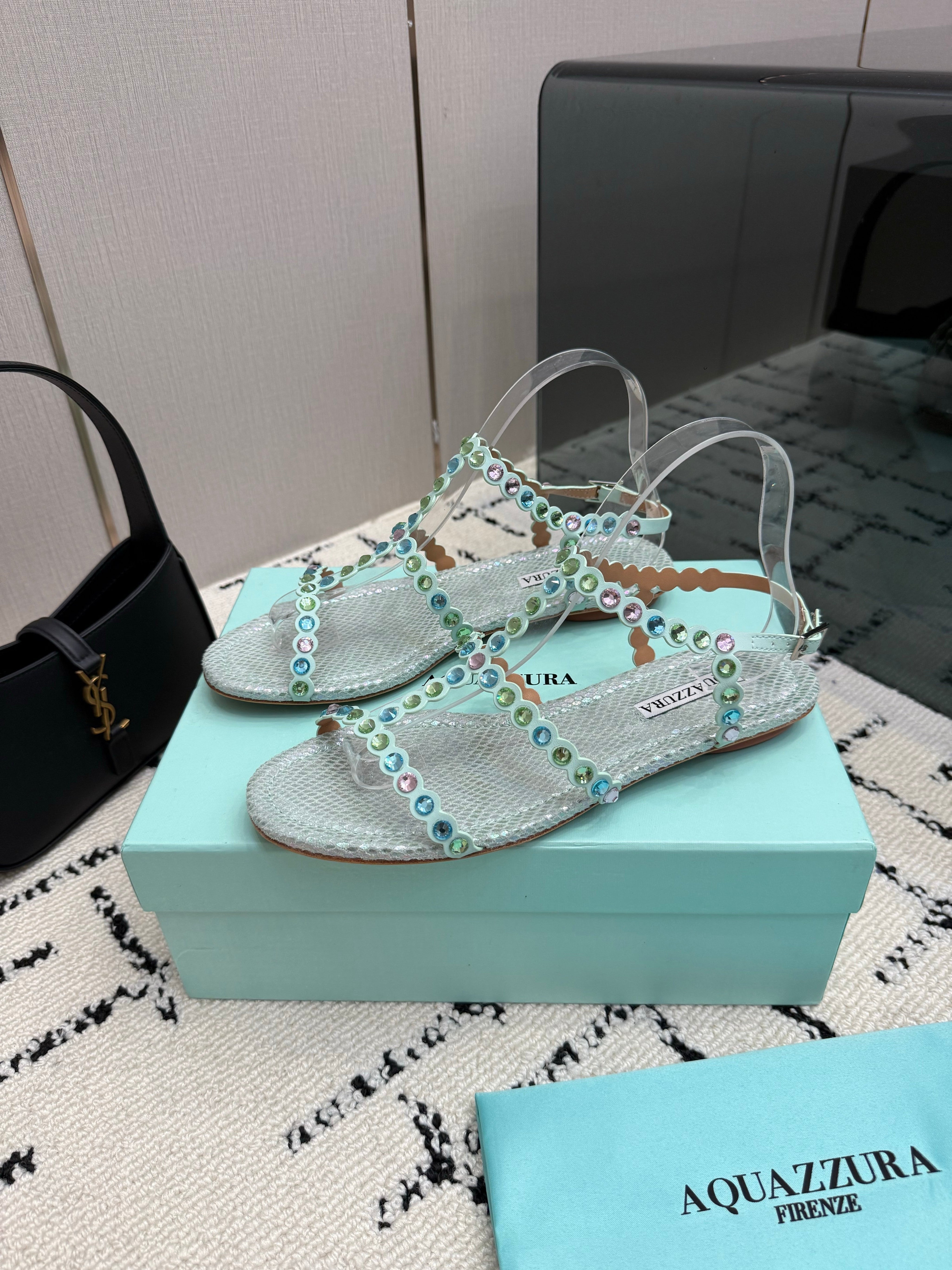 AQUAZZURA 26S FLAT SANDALS IN METALLIC MINT SNAKESKIN CRYSTAL-EMBELLISHED