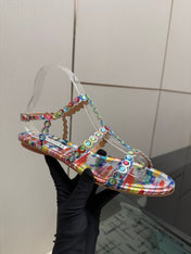 AQUAZZURA 26S FLAT SANDALS IN MULTICOLOR LAMBSKIN CRYSTAL-EMBELLISHED