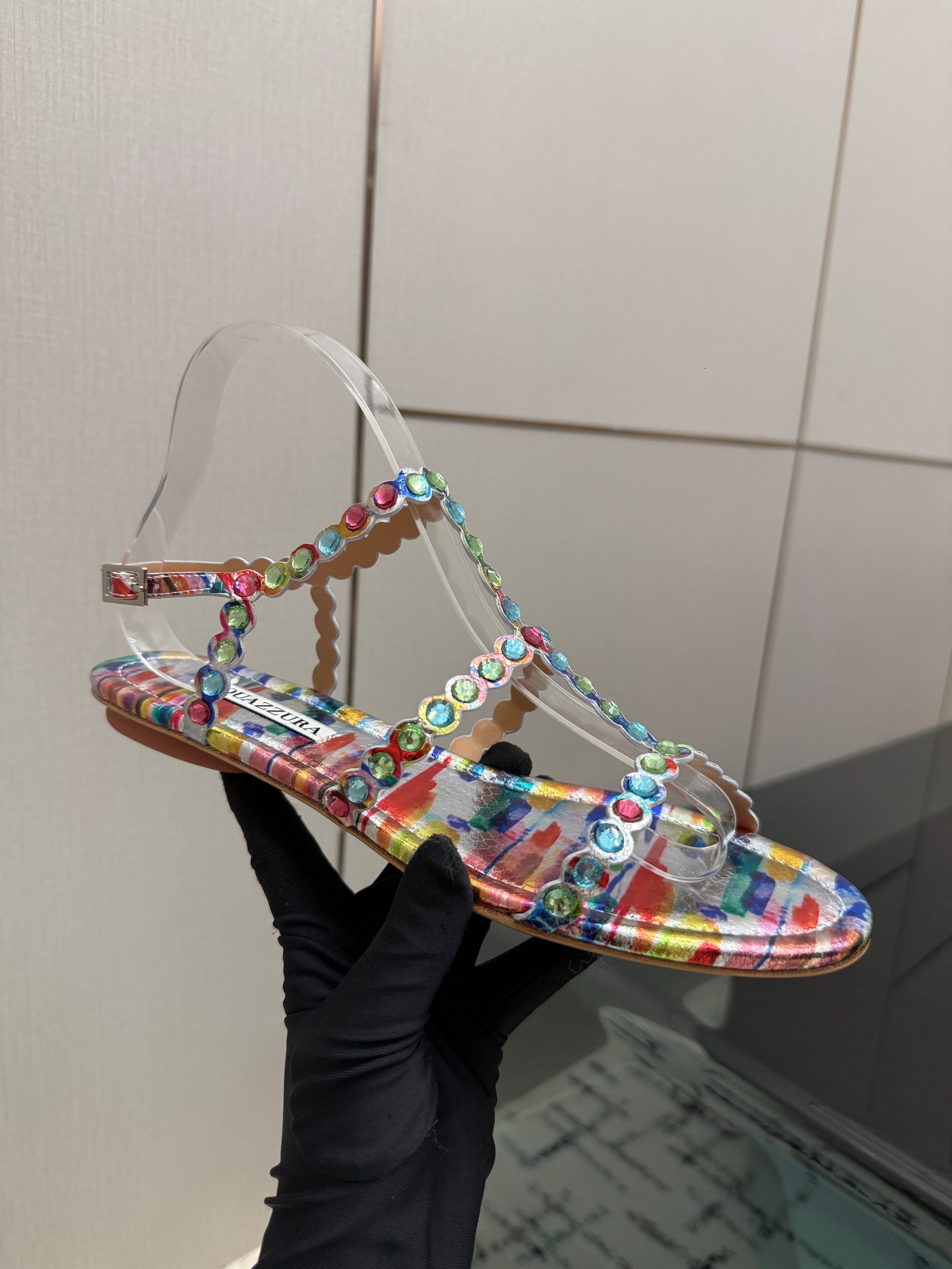 AQUAZZURA 26S FLAT SANDALS IN MULTICOLOR LAMBSKIN CRYSTAL-EMBELLISHED