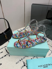 AQUAZZURA 26S FLAT SANDALS IN MULTICOLOR LAMBSKIN CRYSTAL-EMBELLISHED