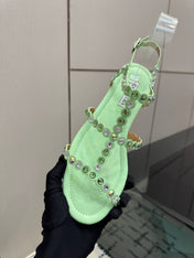 AQUAZZURA 26S FLAT SANDALS IN MINT GREEN LAMBSKIN CRYSTAL-EMBELLISHED