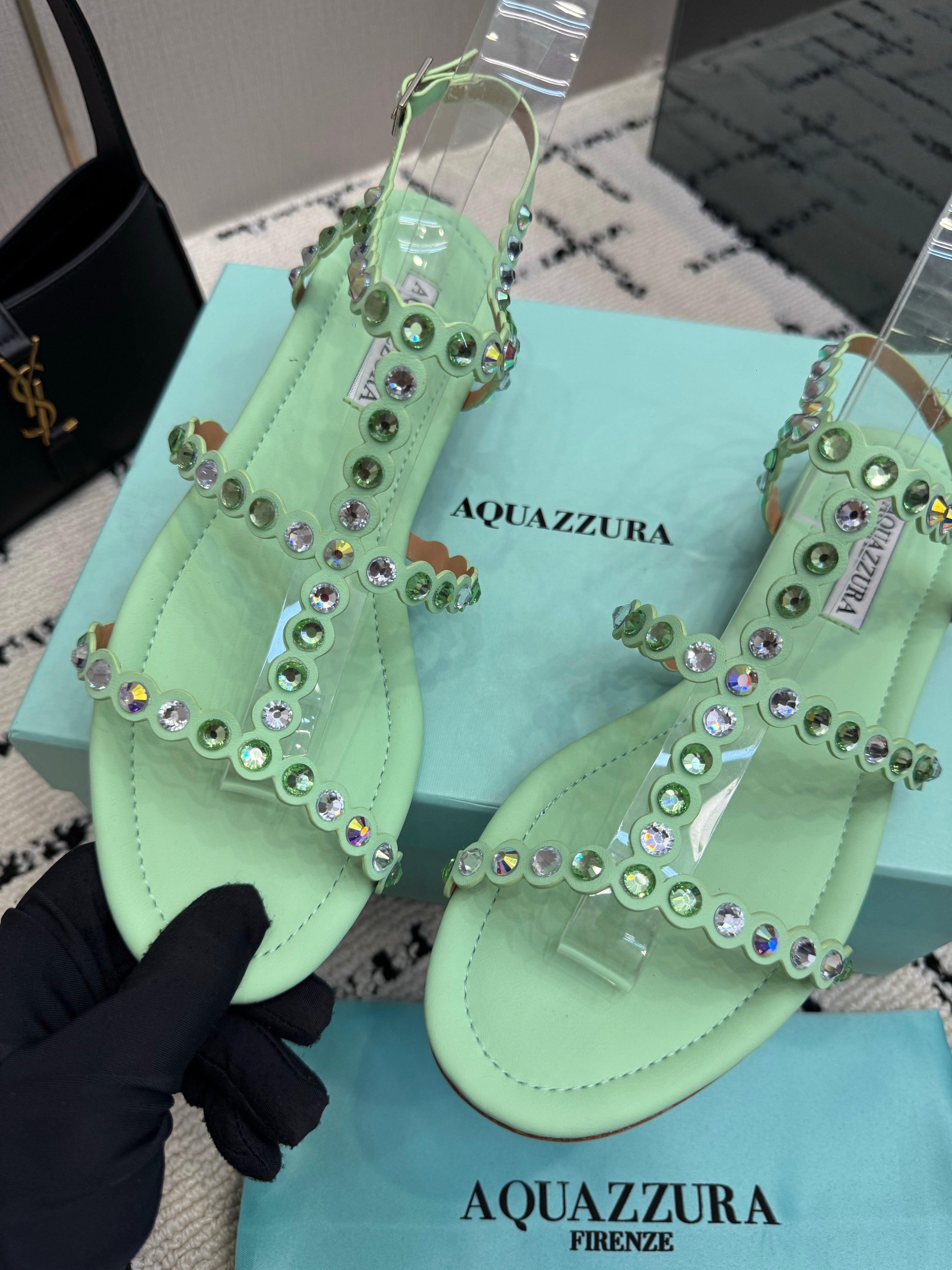 AQUAZZURA 26S FLAT SANDALS IN MINT GREEN LAMBSKIN CRYSTAL-EMBELLISHED