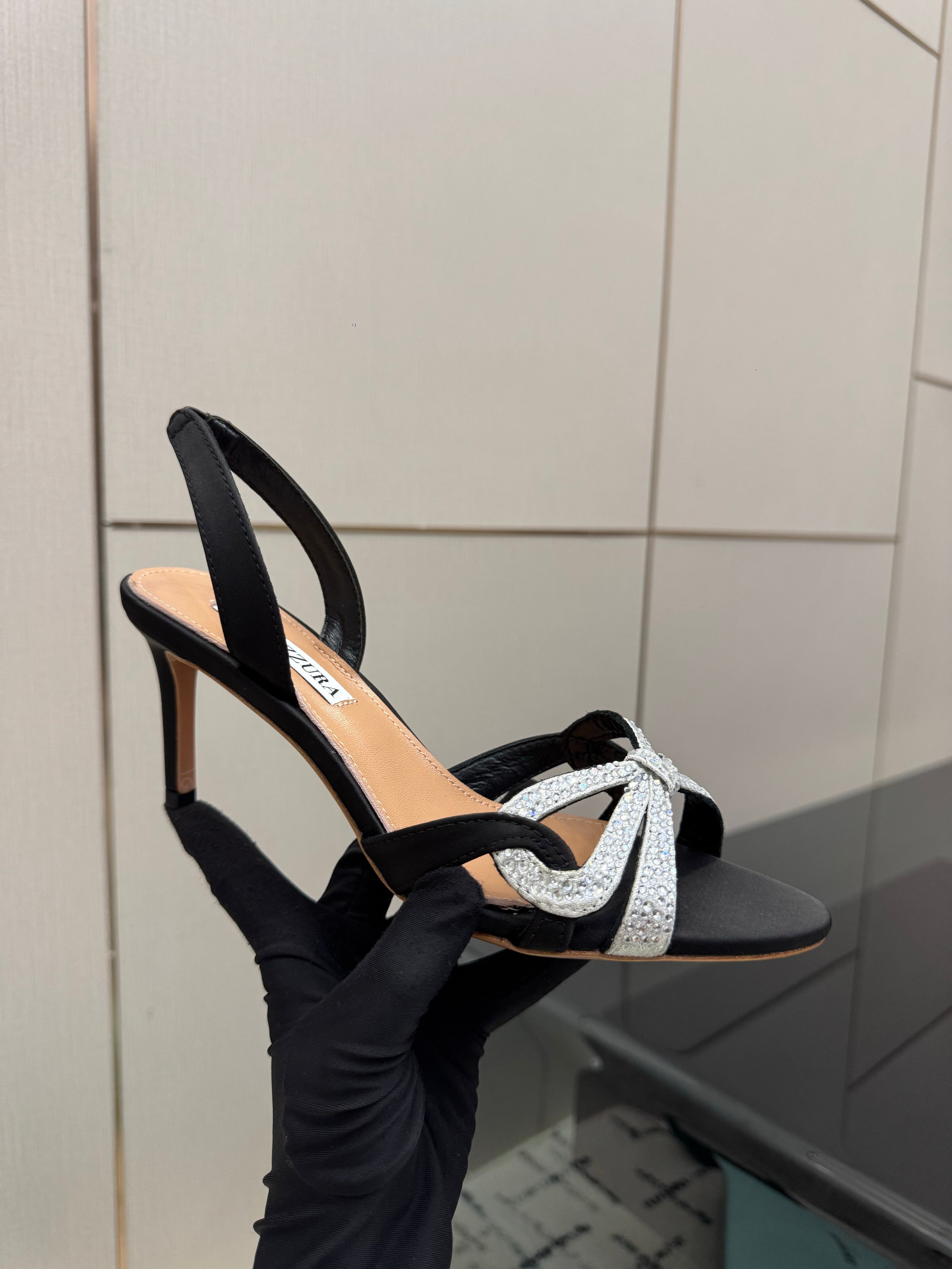 AQUAZZURA 26S HEEL SANDALS 80 MM IN BLACK SATIN CRYSTAL STONES